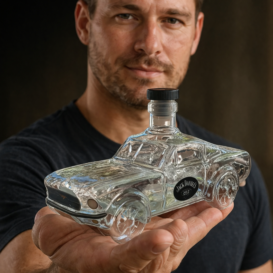Car-shaped whiskey decanter with black cap, clear glass Jack Daniel's badge