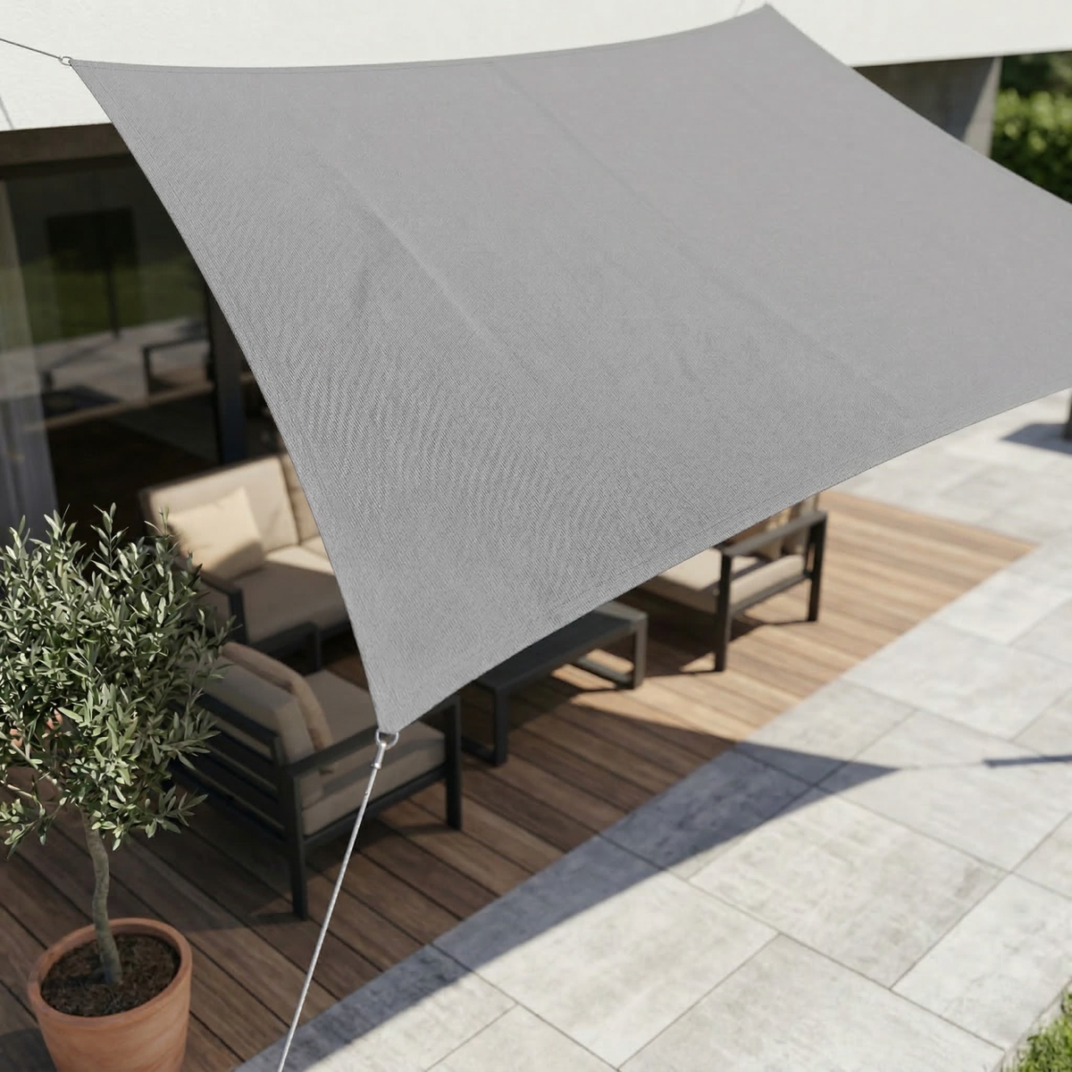 Dark gray waterproof UV shade sail canopy with rope corner ties