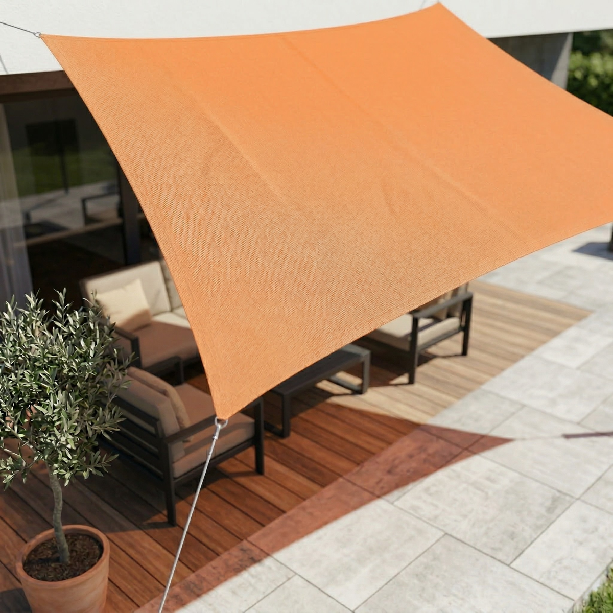 Orange waterproof UV shade sail canopy with rope corner ties