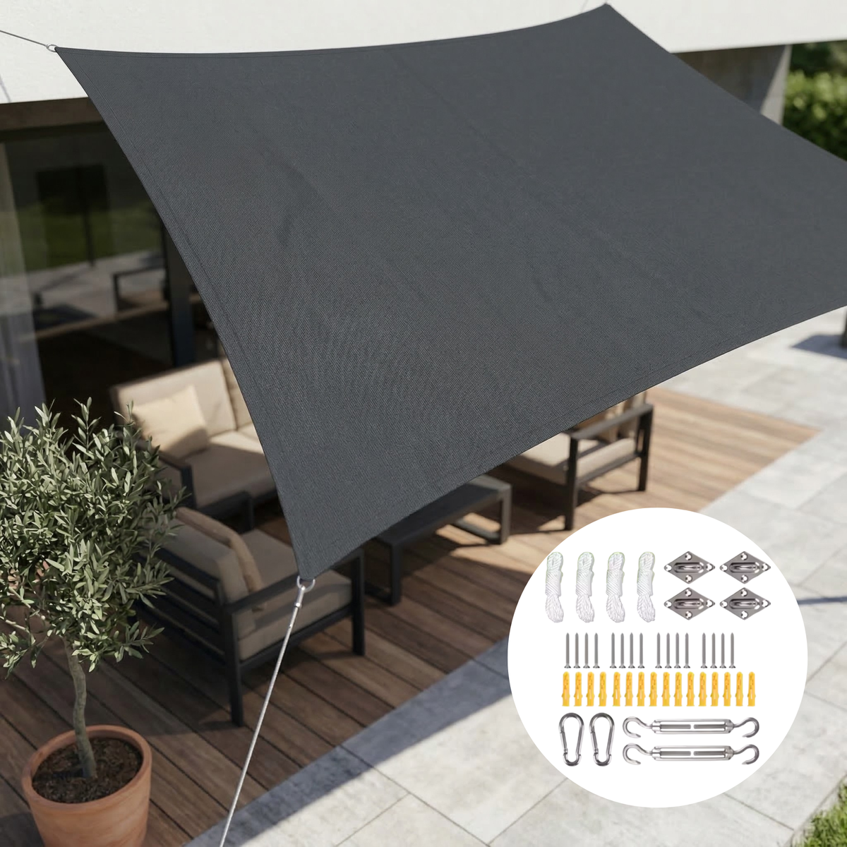 Dark gray waterproof UV shade sail canopy with mounting hardware kit icons