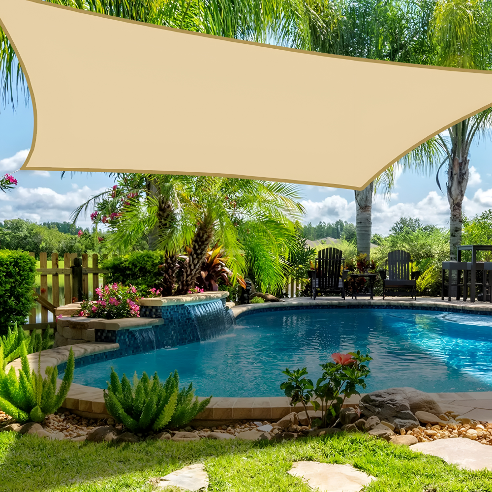 Waterproof UV shade sail in beige, triangular canopy over outdoor pool and patio area