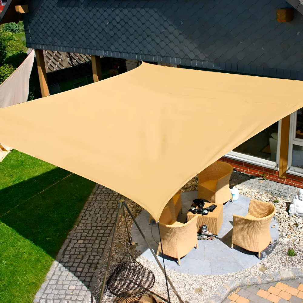 Waterproof UV shade sail in beige, triangular canopy with metal corner grommets