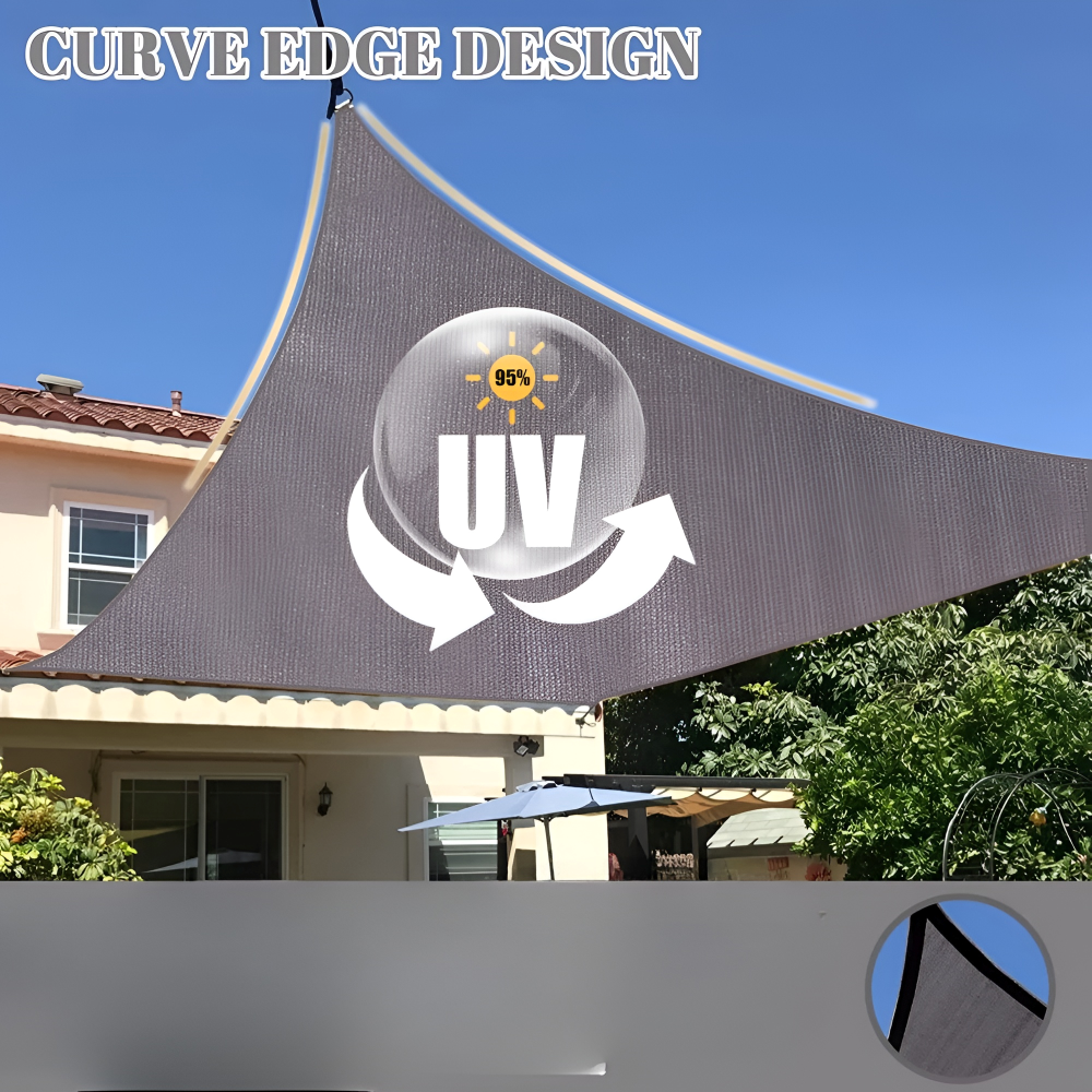 Waterproof UV shade sail in dark gray with curved edge detail and UV protection graphic