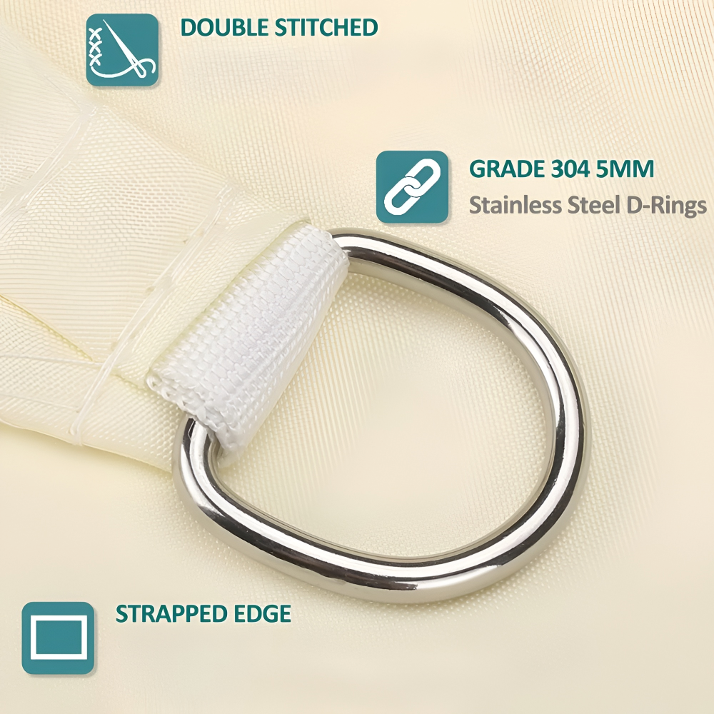 Waterproof UV shade sail fabric close-up with stitched seams and stainless steel D-ring