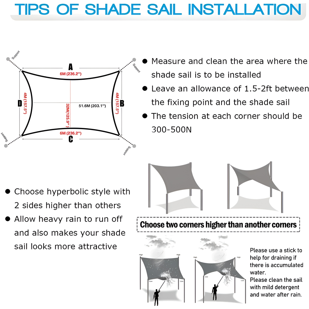 Shade sail installation tips diagram showing corner height, measurements, and tension guidance