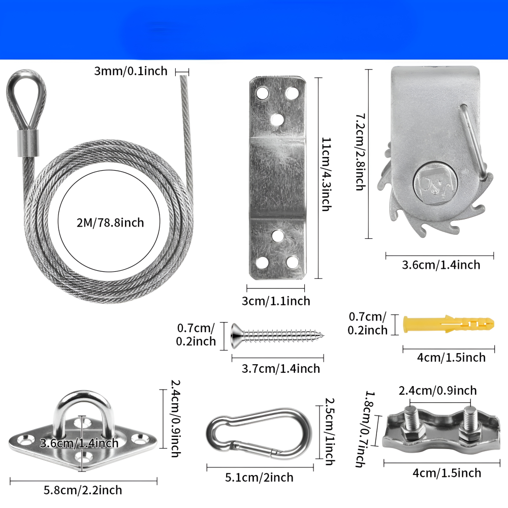 Shade sail mounting hardware set with stainless rings, rope, straps, and measured parts