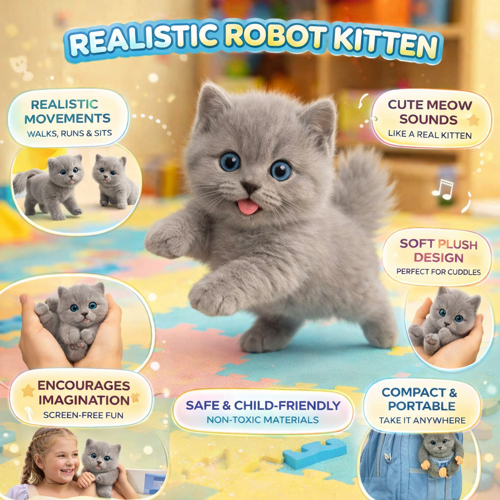 Grey plush robot kitten toy sitting with blue eyes, soft plush design