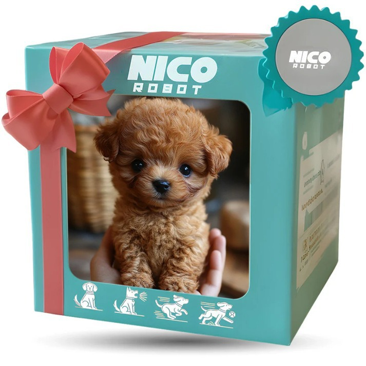NICO ROBOT walking plush puppy gift box showing brown puppy face through window.
