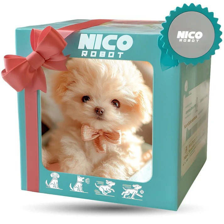 Interactive walking plush puppy, light brown fur, shown in gift box with red ribbon