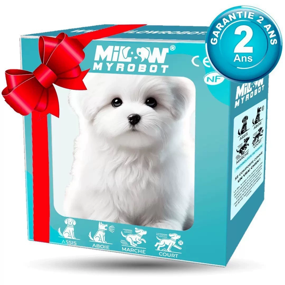 Interactive walking plush puppy, white fur, shown in gift box with red ribbon