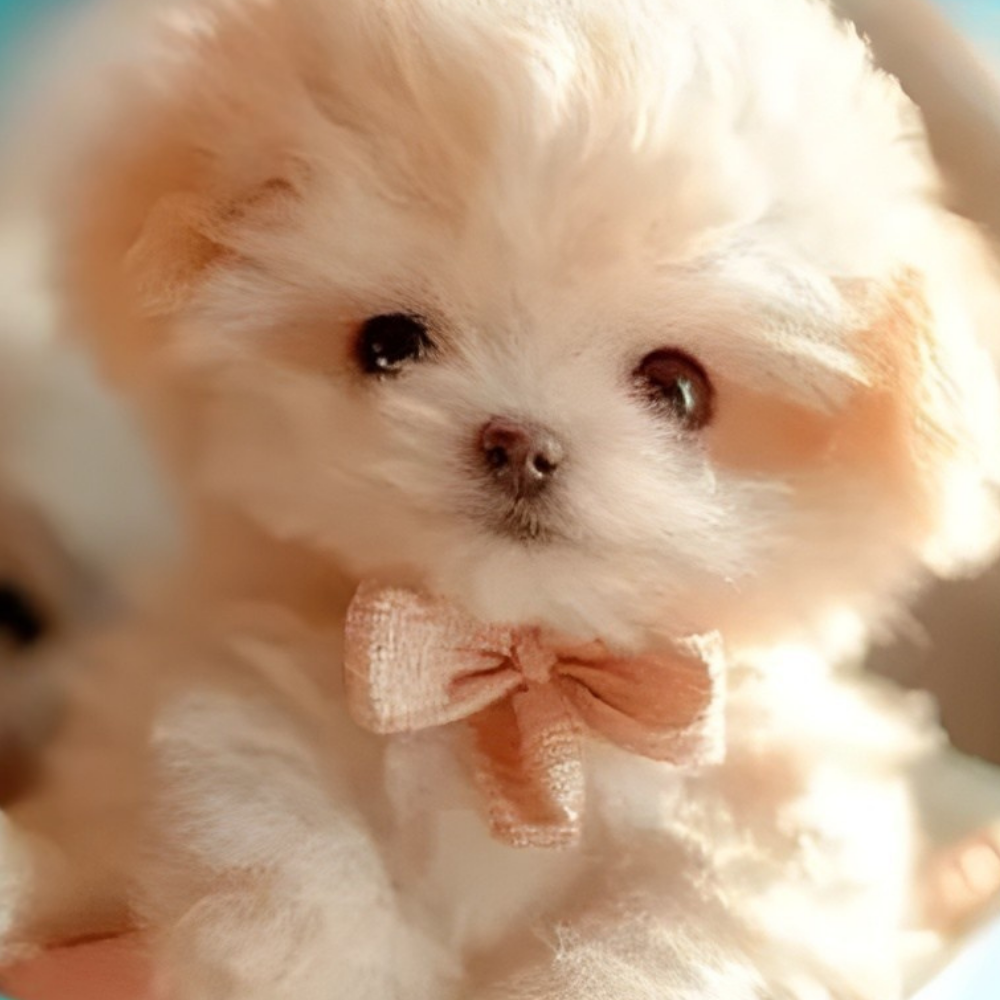 Walking plush puppy, white plush with pink bow and black nose.