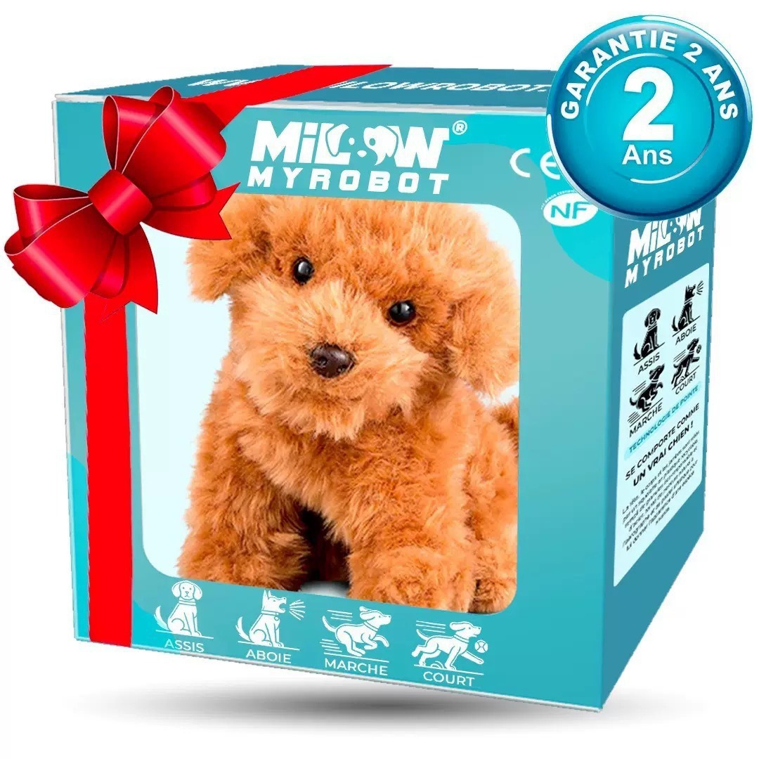 Interactive walking plush puppy, orange-brown fur, shown in gift box with red ribbon