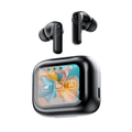 Black TWS earbuds with charging case and built-in color touch display screen