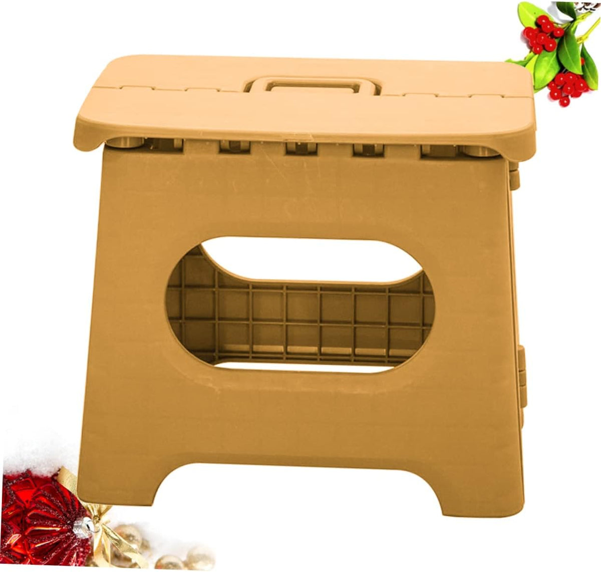 Foldable step stool in tan with oval safety cutout and lifting handle on top.
