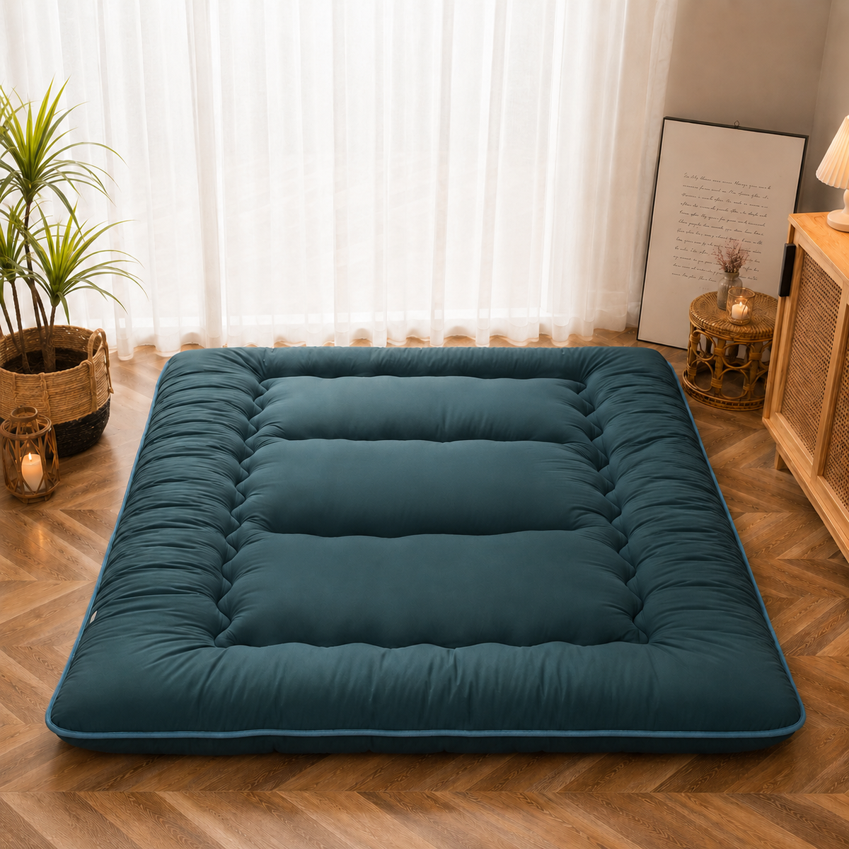 Foldable floor futon mattress, teal blue quilted padded sections