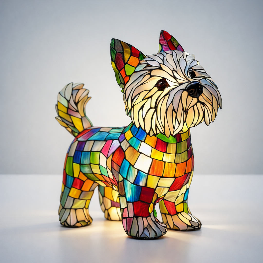 Stained glass dog lamp, standing side view with multicolor glass panels.