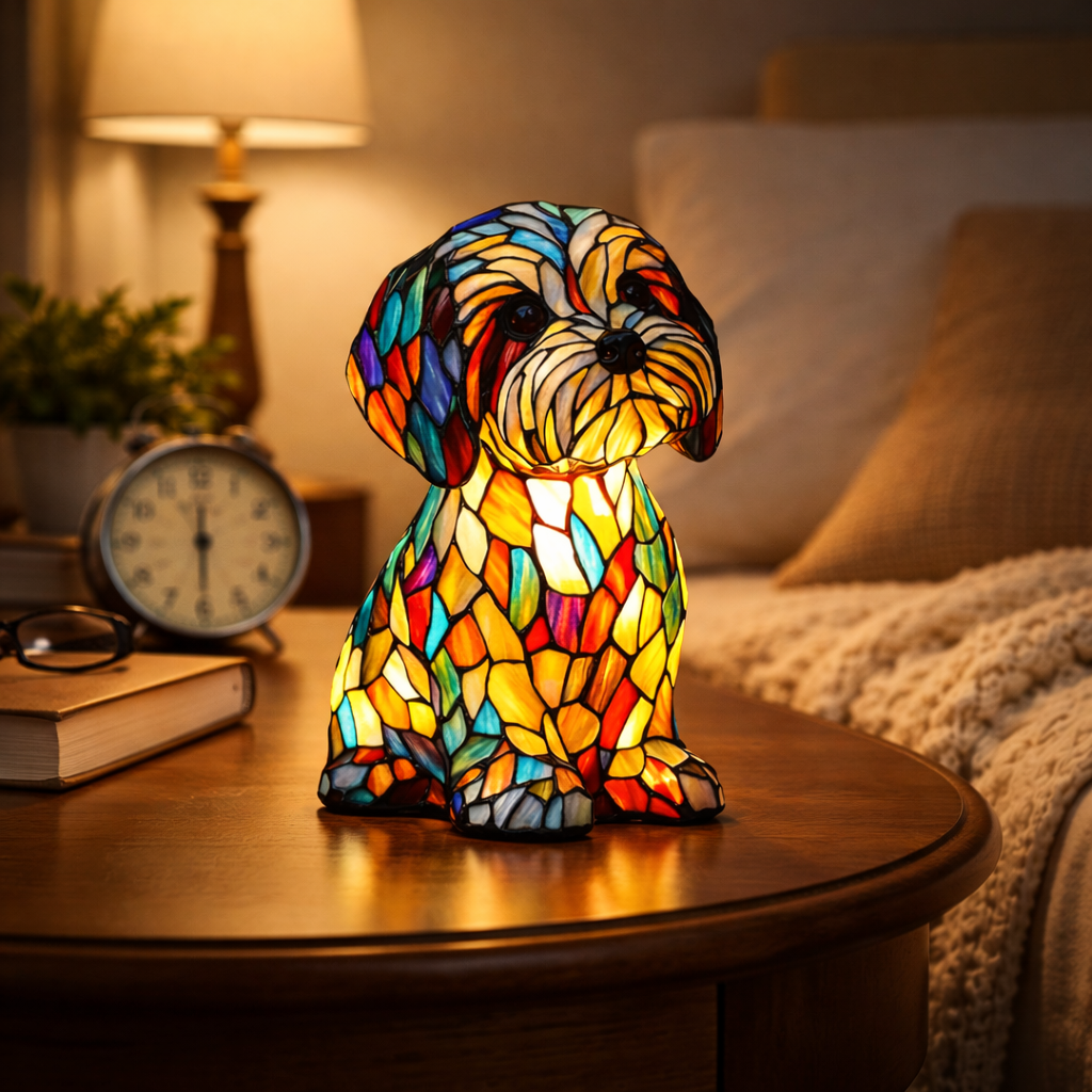 Stained glass dog table lamp on wooden side table, warm-lit LED effect.