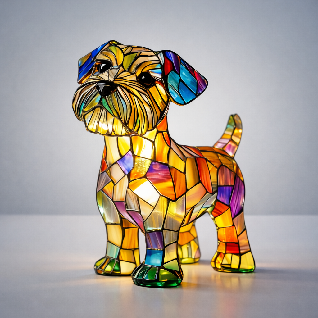 Stained glass dog lamp, sitting side profile, vivid multicolor stained glass effect.