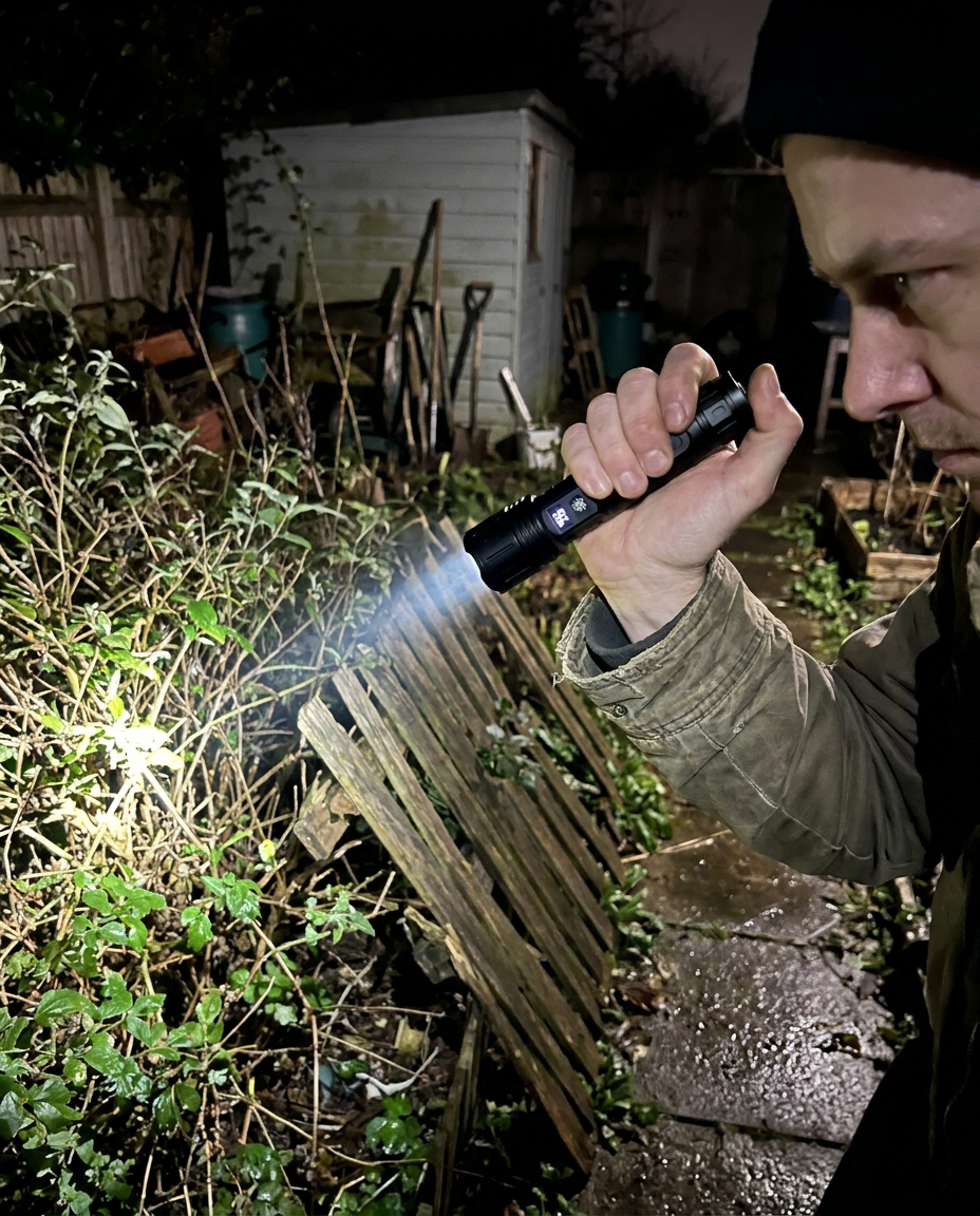 Person using a compact black tactical LED flashlight power bank outdoors at night