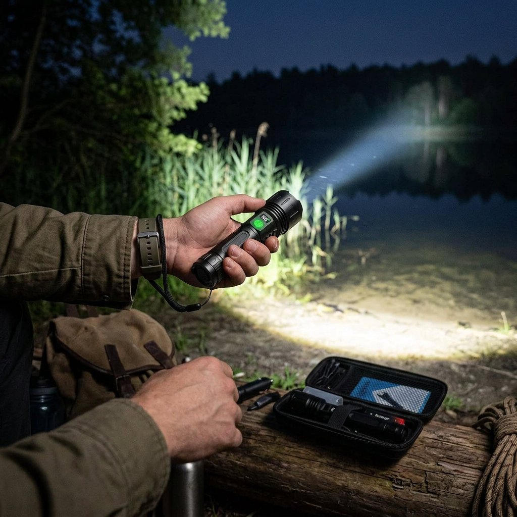Hands holding a black tactical LED flashlight power bank with bright beam near gear case
