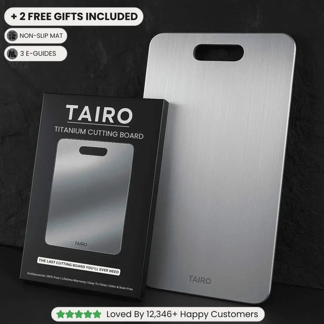 Titanium cutting board with handle slot and retail box, brushed silver