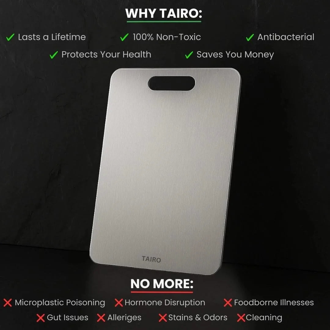 Titanium cutting board with handle slot, brushed silver surface
