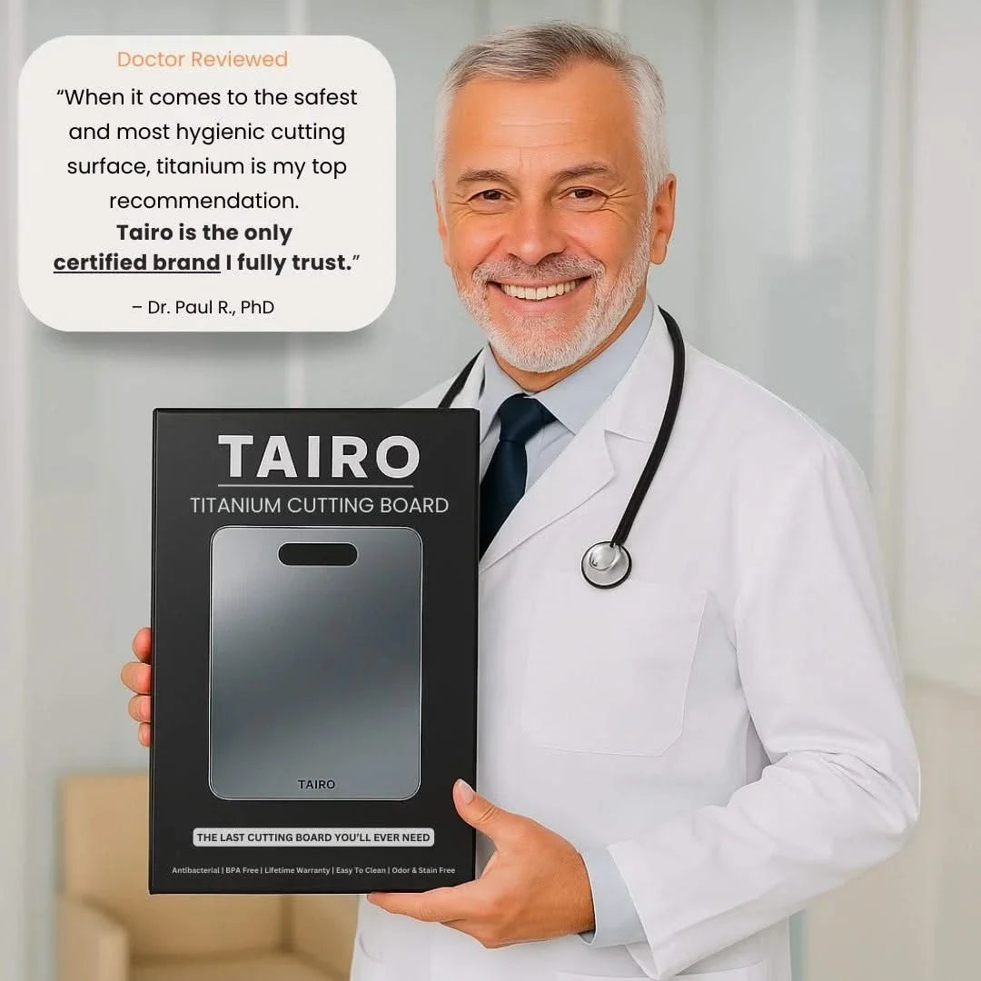 Doctor holding titanium cutting board retail box, brushed silver design
