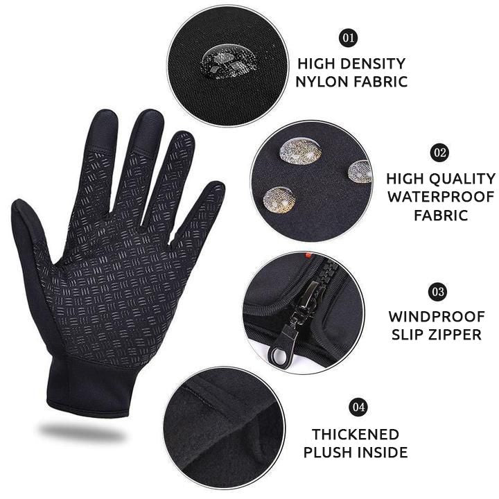 Black cycling gloves with textured fabric, waterproof panel, and windproof zip
