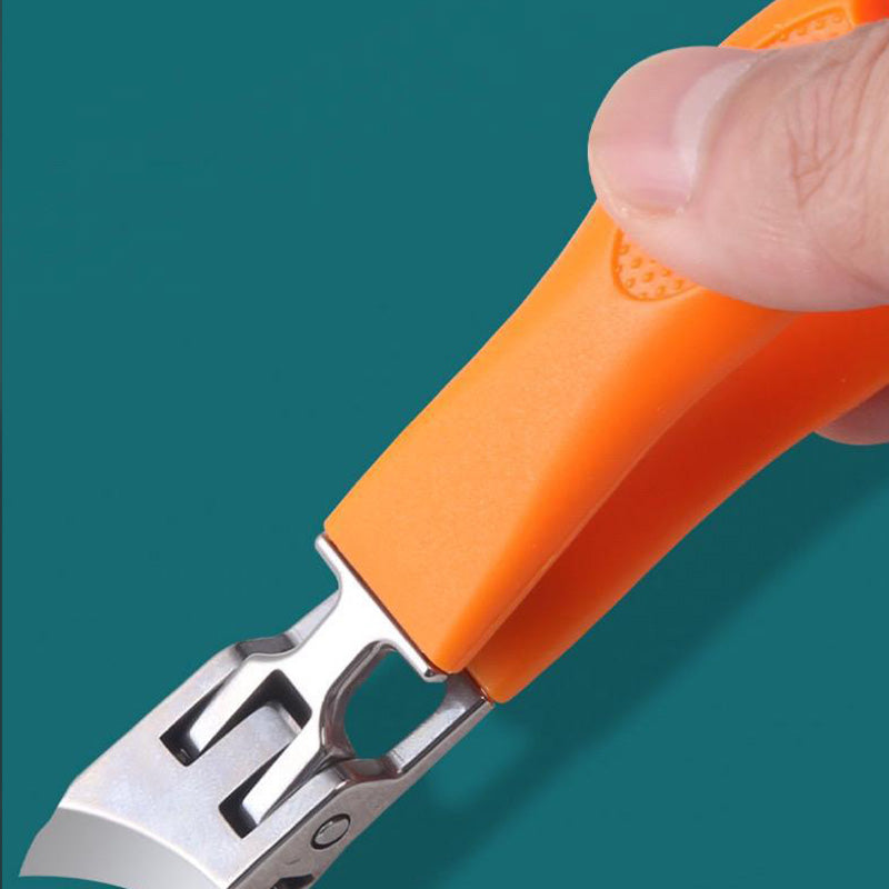 Orange extra-wide heavy-duty nail clipper held by hand, side view