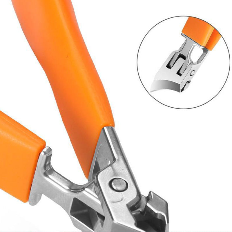 Orange heavy-duty nail clipper close-up of metal lever and blades
