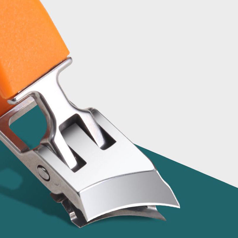 Orange heavy-duty nail clipper close-up of cutting jaw and blade