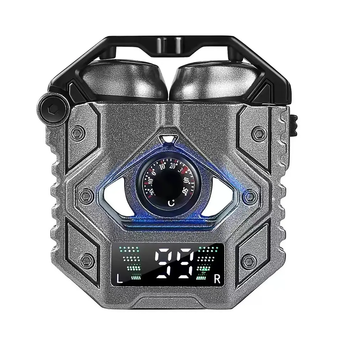 Gray wireless earbuds with charging case featuring blue accents and front status display