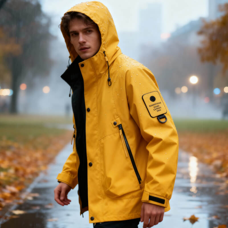 Adjustable hood softshell jacket, mustard yellow color view