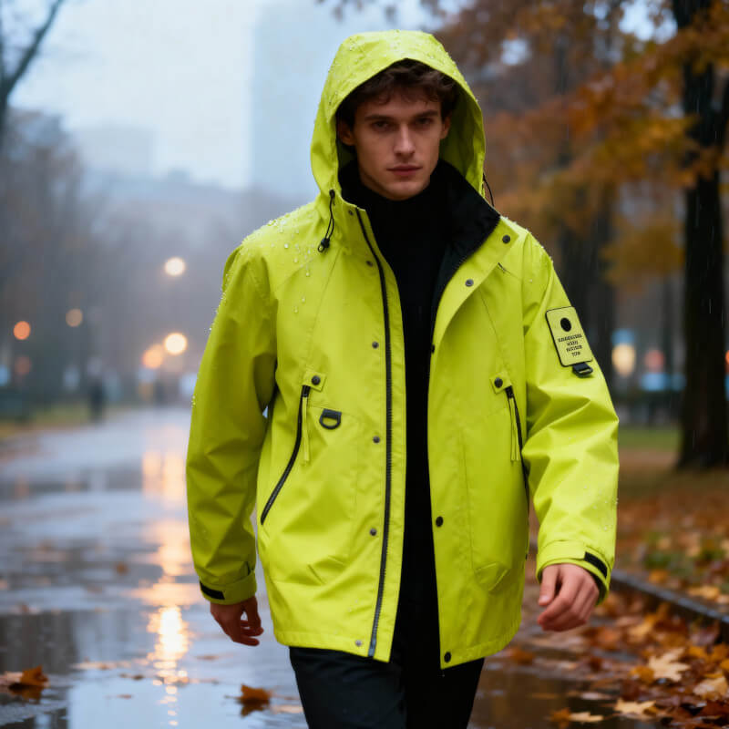 Adjustable hood softshell jacket, light green color view
