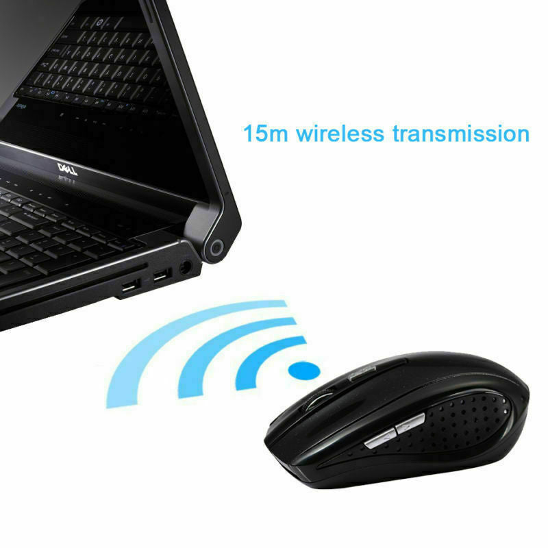 Black wireless optical mouse with textured sides and USB receiver