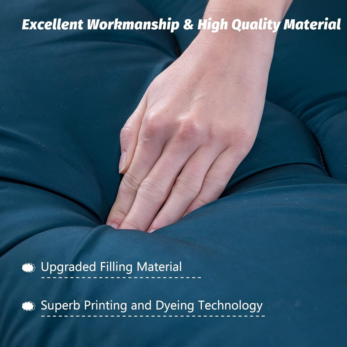 Deep blue foldable floor futon mattress surface with hand pressed into the cushion