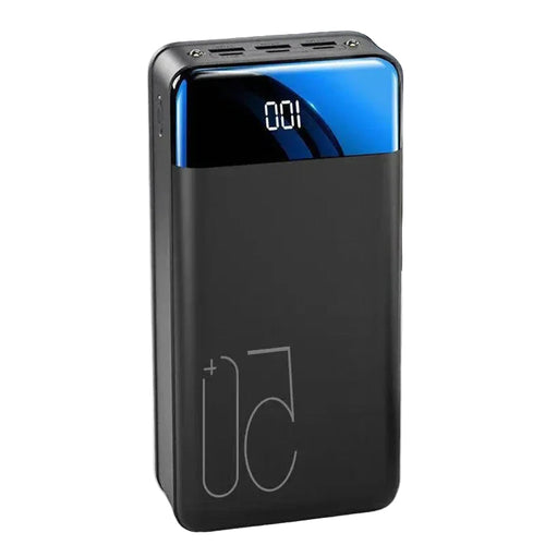 Black 50,000mAh fast-charging power bank with blue charging display