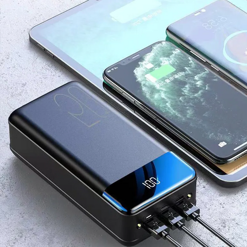 Black portable power bank charging devices with USB ports and connected cables