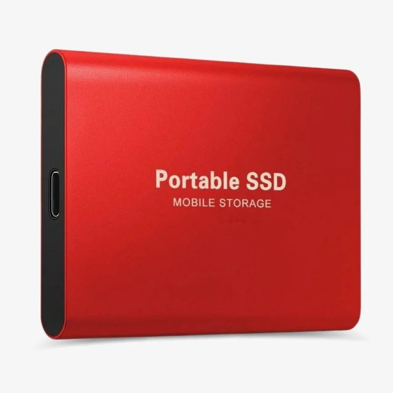 Red portable SSD drive with side USB port