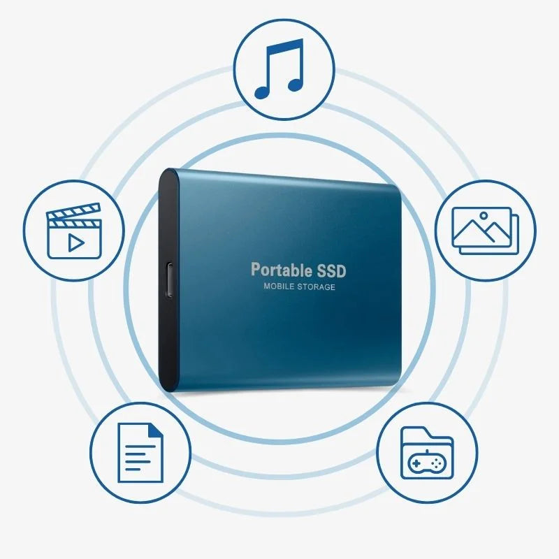 Blue portable SSD drive with mobile storage feature icons