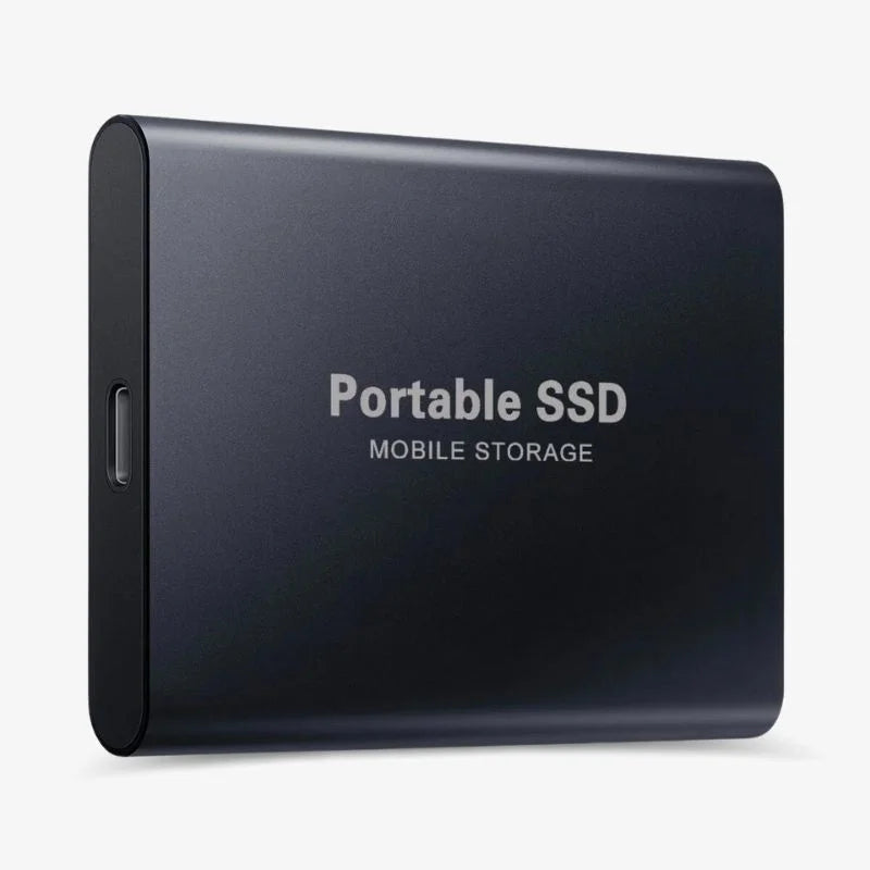 Black portable SSD drive with side USB port