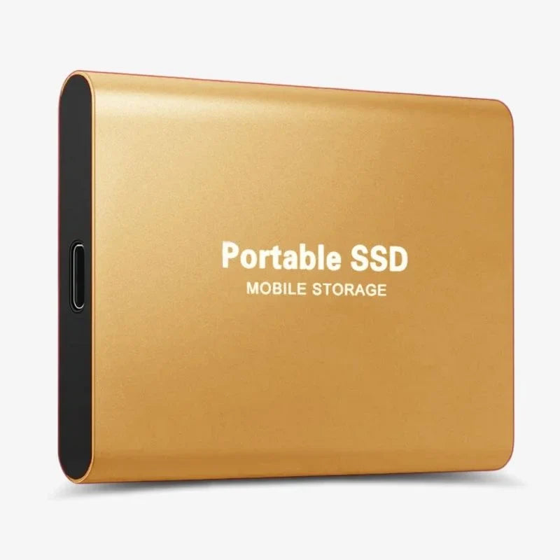 Gold portable SSD with side port, smooth rounded rectangular case