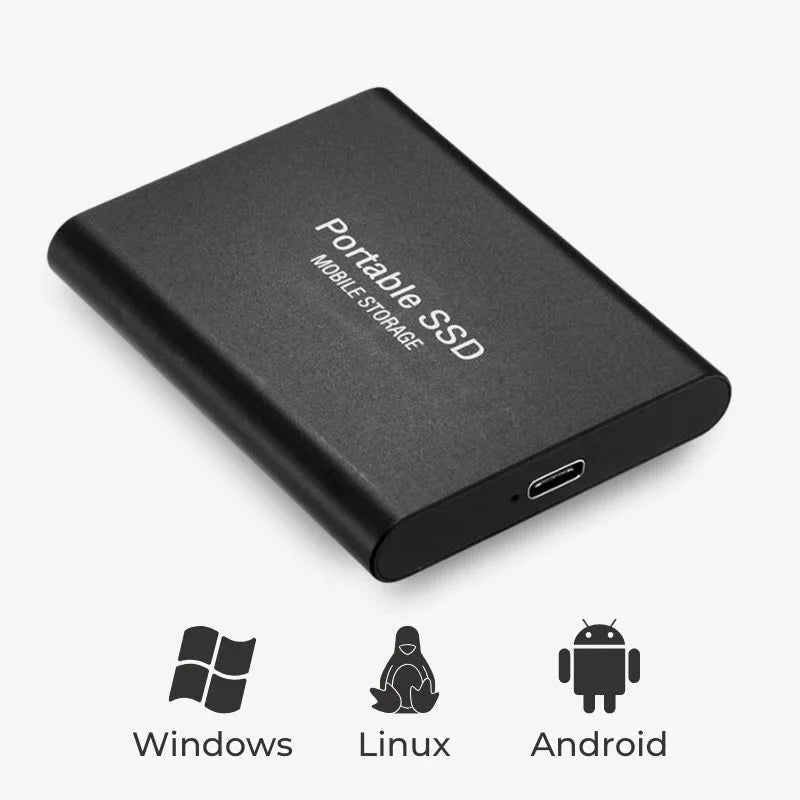 Black portable SSD drive with Windows, Linux, and Android compatibility icons