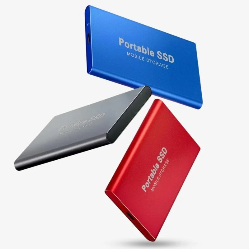 Portable SSD drives in blue, black, and red shown at angles