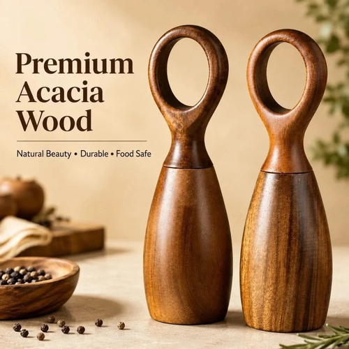 Acacia wood salt and pepper mill set with teardrop bodies and oval handles, natural brown