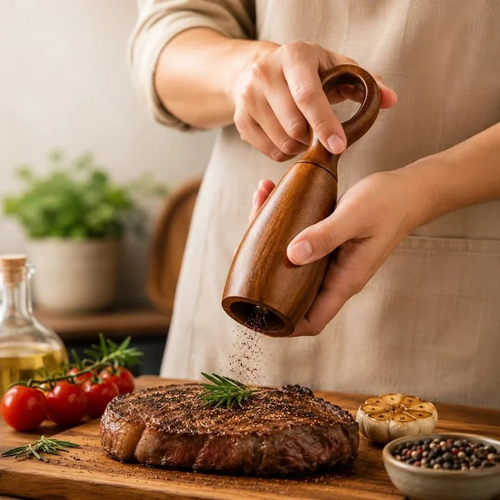Hand holding acacia wood salt and pepper mill grinding over cooked food