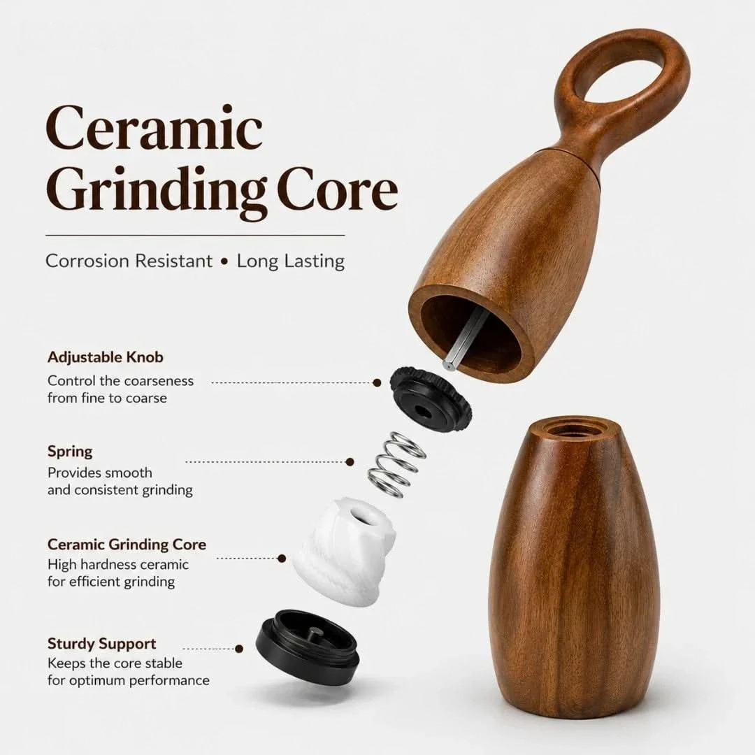 Acacia wood salt and pepper mill with ceramic grinding core and adjustable knob parts