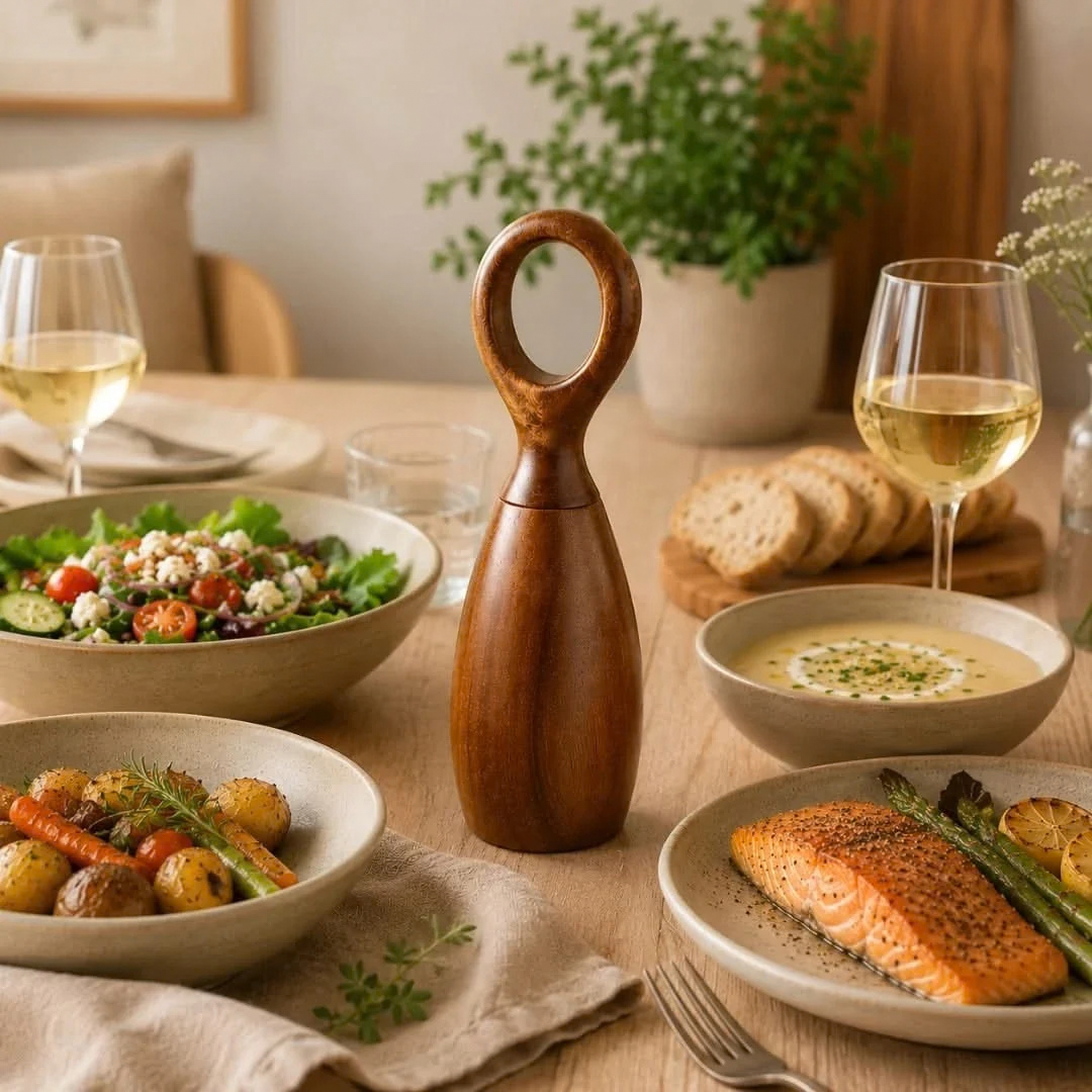 Acacia wood salt and pepper mill standing on table beside serving bowls