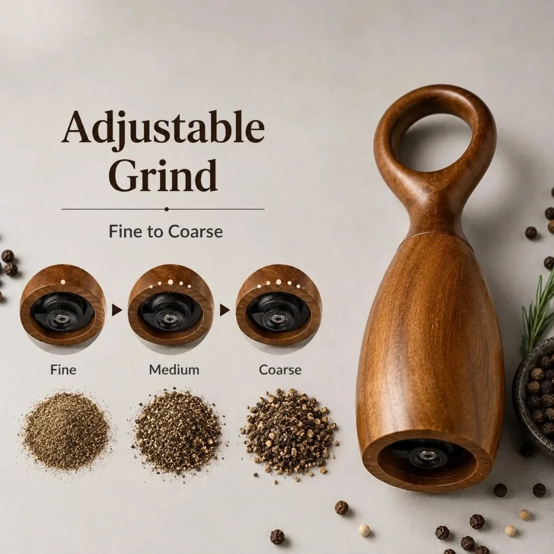 Acacia wood salt and pepper mill with adjustable grind settings and grinding core