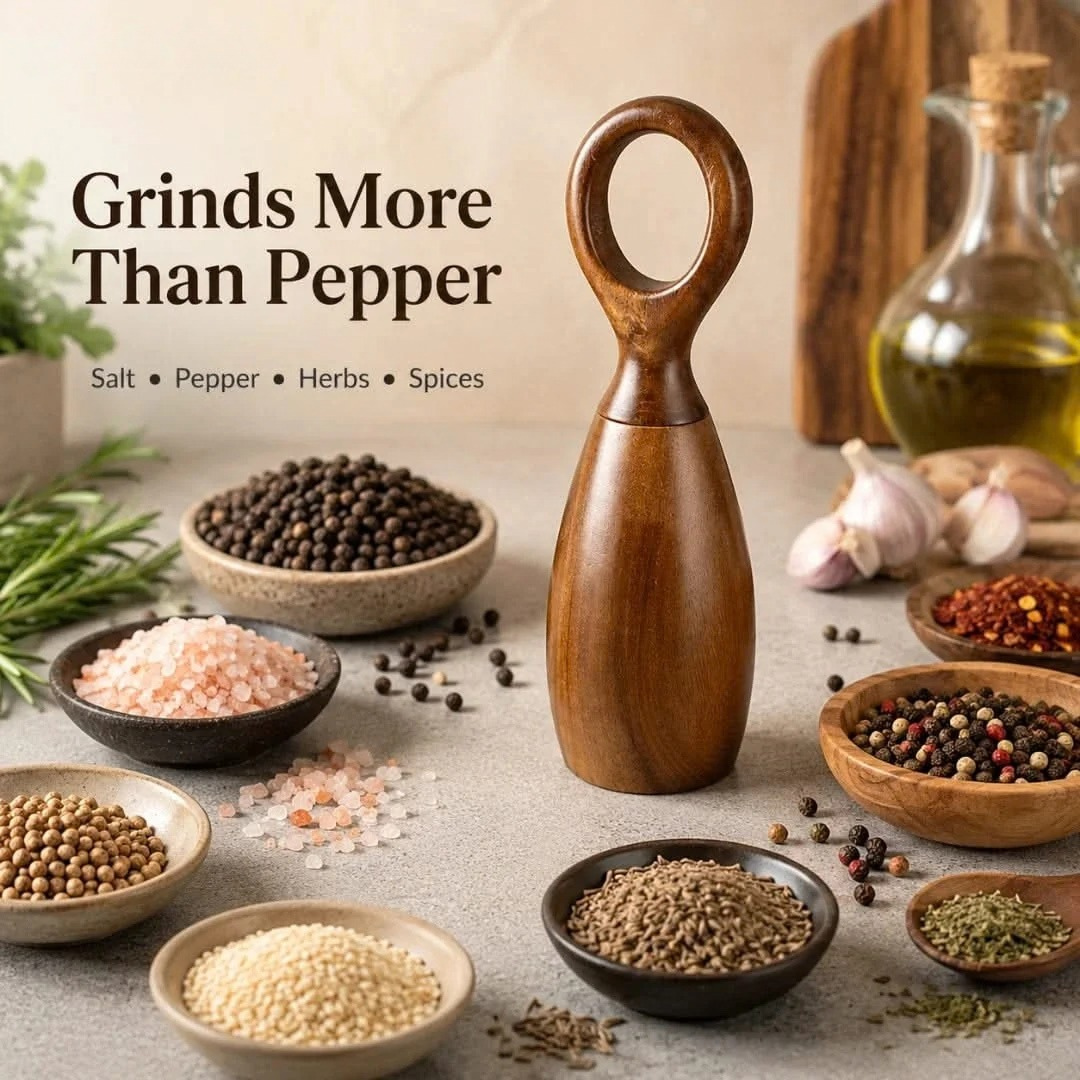Acacia wood salt and pepper mill with bowls of salt, peppercorns, and herbs